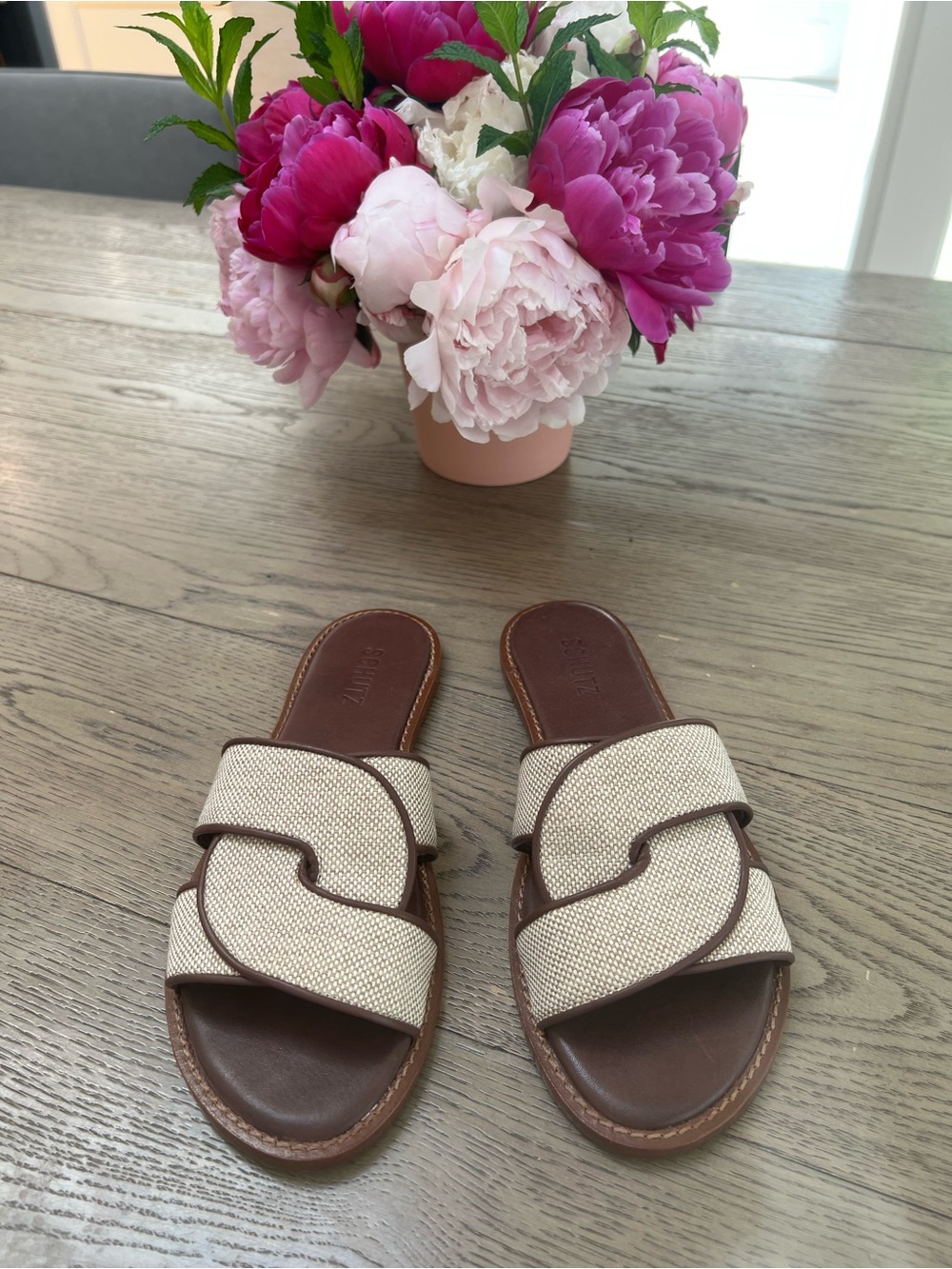 SCHUTZ Cream and Brown Woven Slide Sandals
